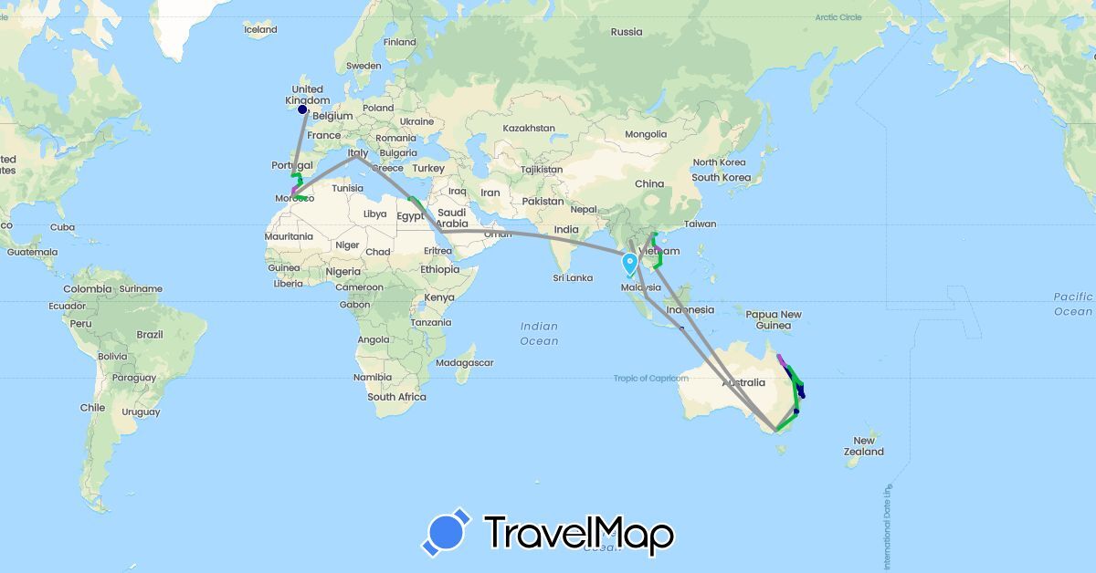 TravelMap itinerary: driving, bus, plane, train, boat in Australia, Egypt, Spain, United Kingdom, Gibraltar, Indonesia, Italy, Morocco, Portugal, Saudi Arabia, Singapore, Thailand, Vietnam (Africa, Asia, Europe, Oceania)