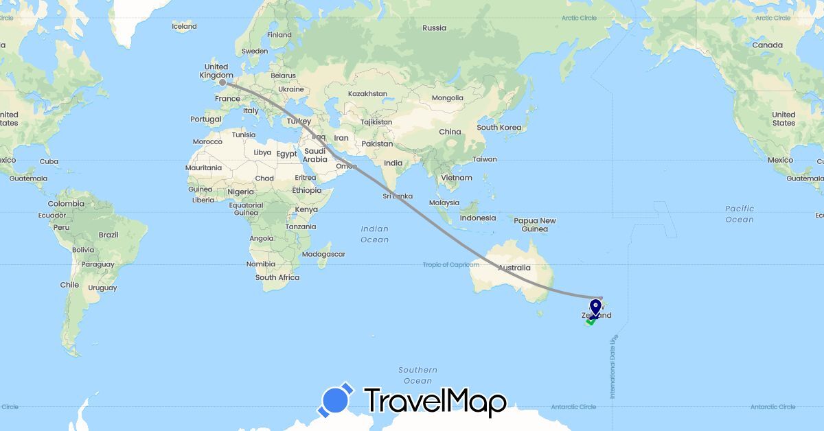 TravelMap itinerary: driving, bus, plane, train, boat in United Kingdom, New Zealand, Qatar (Asia, Europe, Oceania)